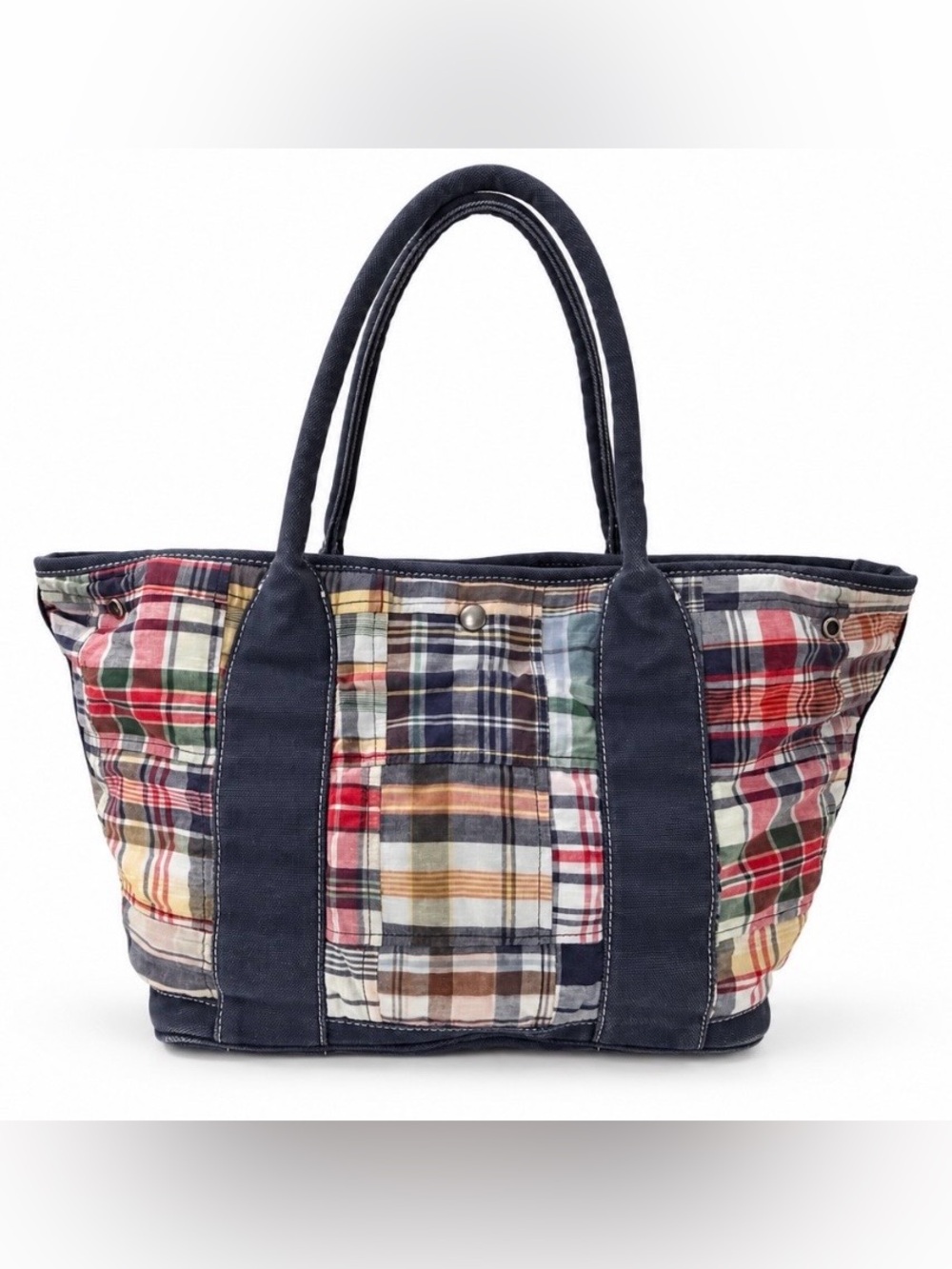 Madras Patchwork Plaid Vintage J.Crew Tote Bag Navy Canvas